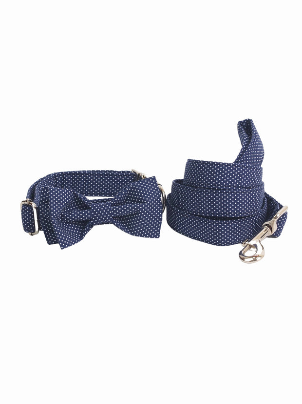 Blue polka dot dog bow tie dog collar lead set