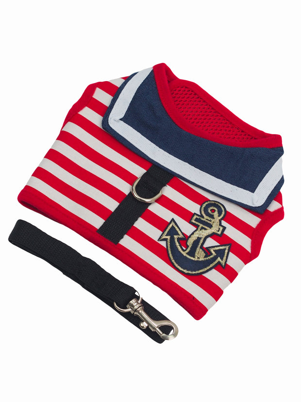 Cute adjustable nautical dog harness in red stripe