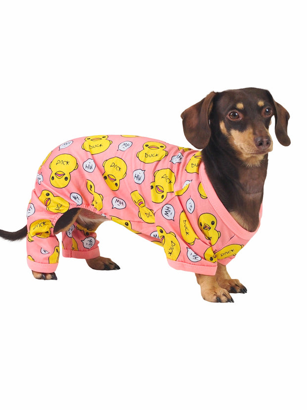 Cute polyester dog pyjama onesie in pink with ducks