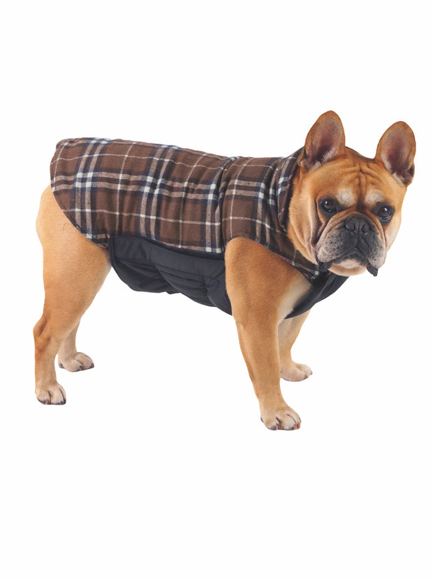 High quality reversible dog coat and jacket in brown plaid