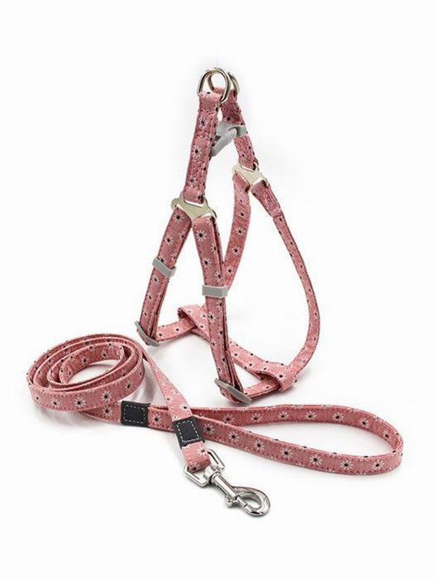Pink Daisy Nylon Dog Harness and Lead Set