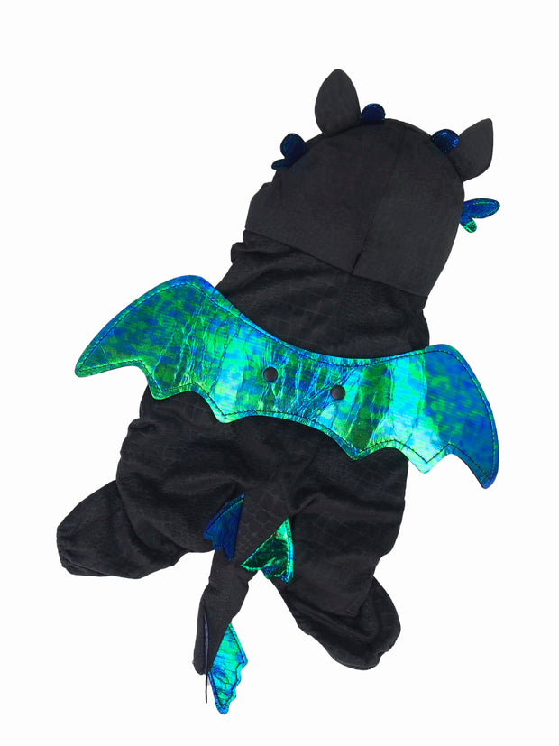 Black dragon dog costume with green wings 